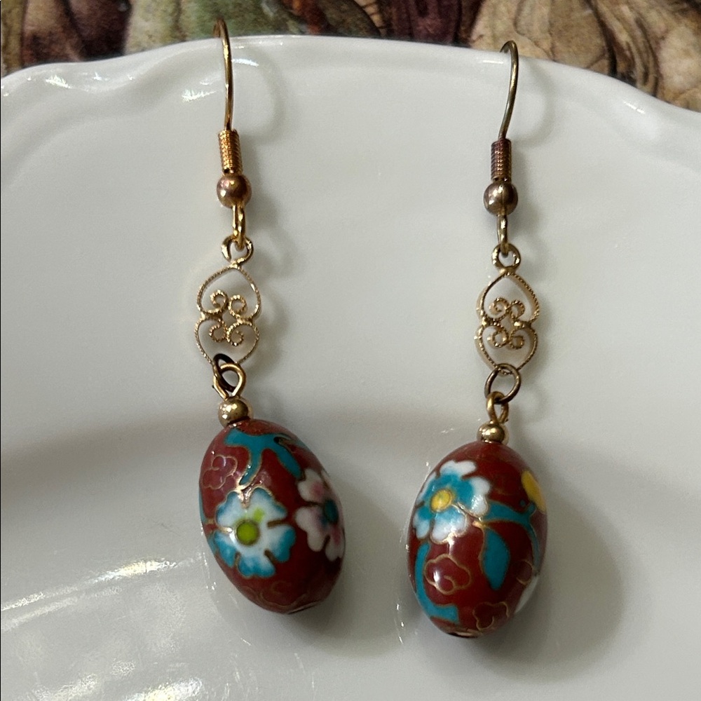 Vintage Chinese Peking Cloisonne Drop Earrings  1970s